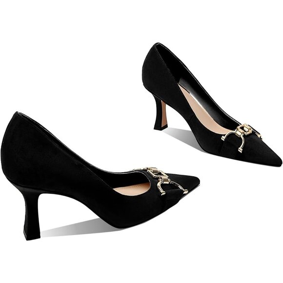 Women's Black Suede Closed Toe High Heels Dress Pointed Toe Wedding Pump Shoes - Picture 4 of 6
